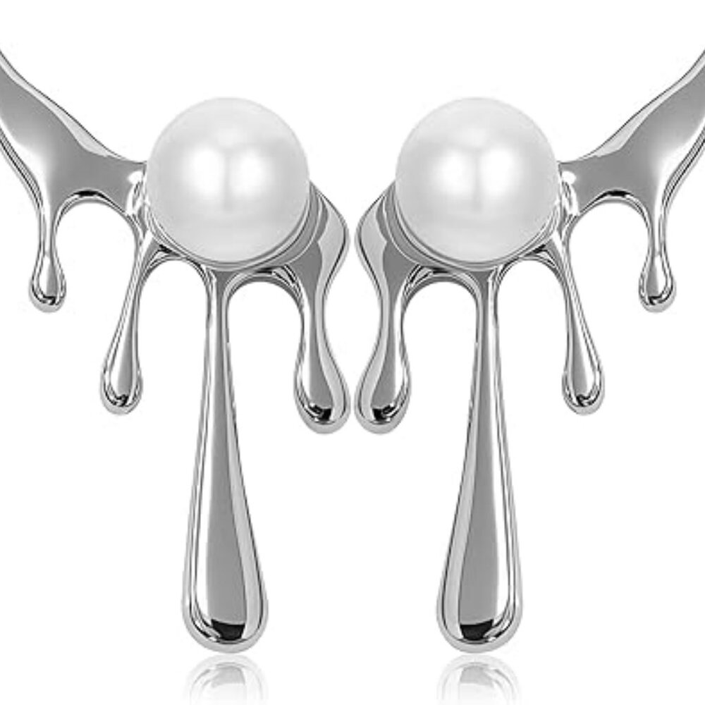 Silver Sparkly Crystal Pearl Teardrop Drop Dangle Earrings‎ Irregular Waterdrop